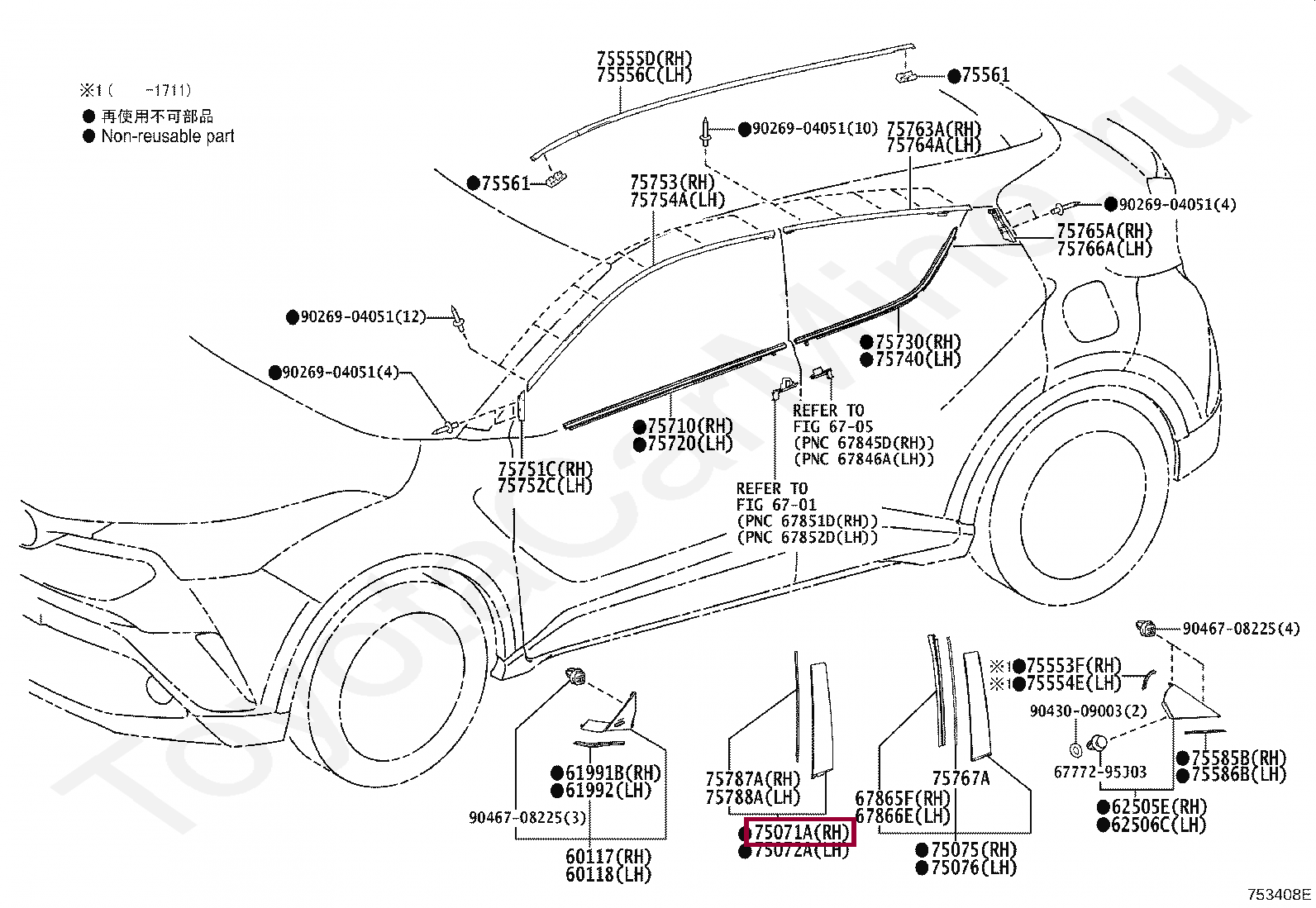 MOULDING SUB-ASSY, FRONT DOOR, OUTSIDE RH MOULDING SUB-ASSY, FRONT DOOR, OUTSIDE RH 75071F4020