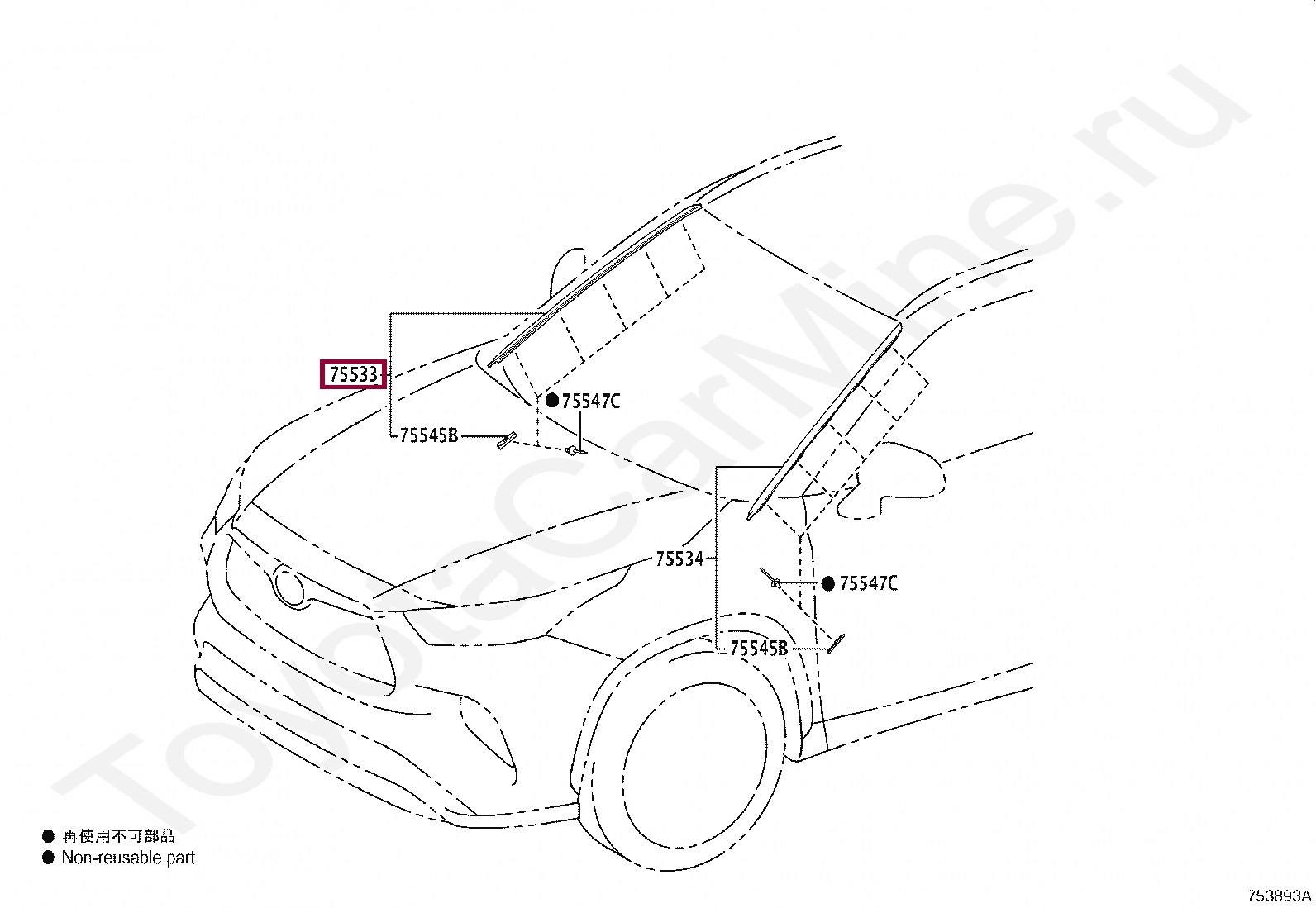 Молдинг лобового правый Молдинг лобового правый 755040E020
