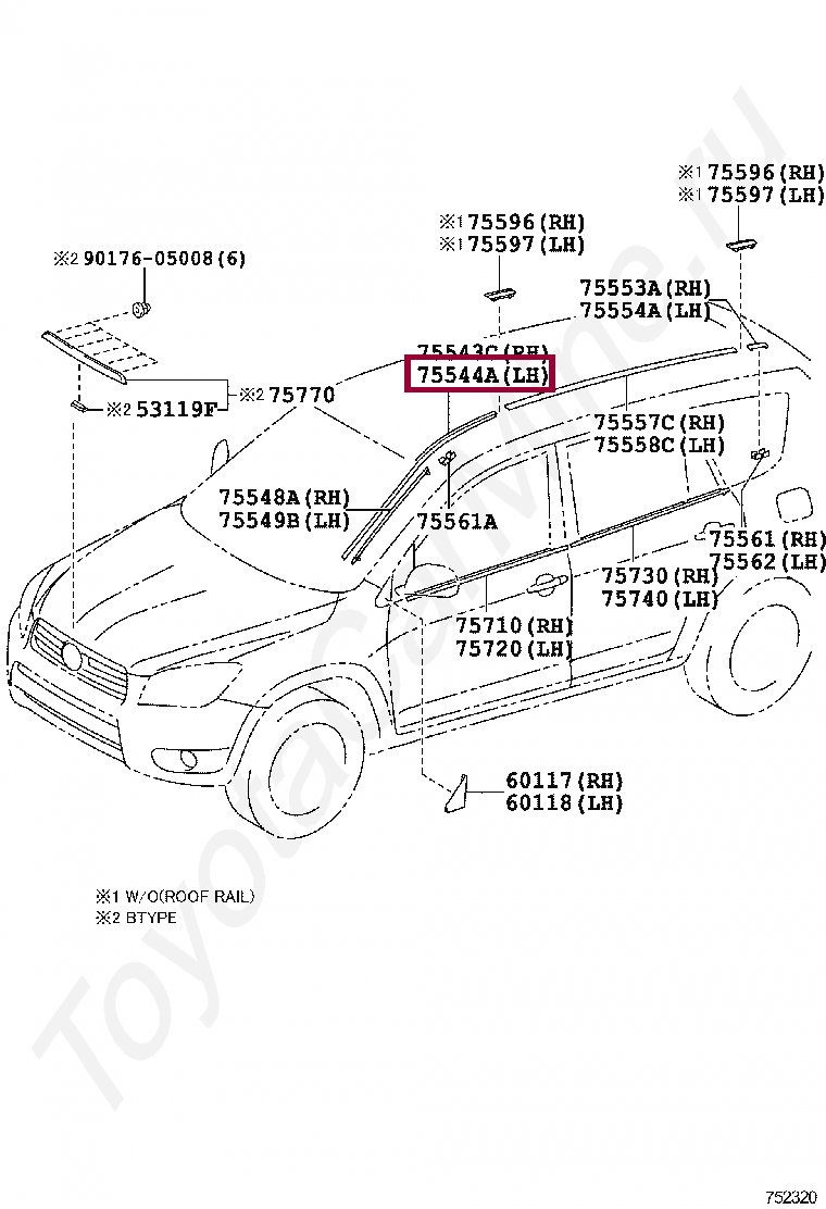 MOULDING, WINDSHIELD, OUTSIDE NO.2 LH MOULDING, WINDSHIELD, OUTSIDE NO.2 LH 7554442010