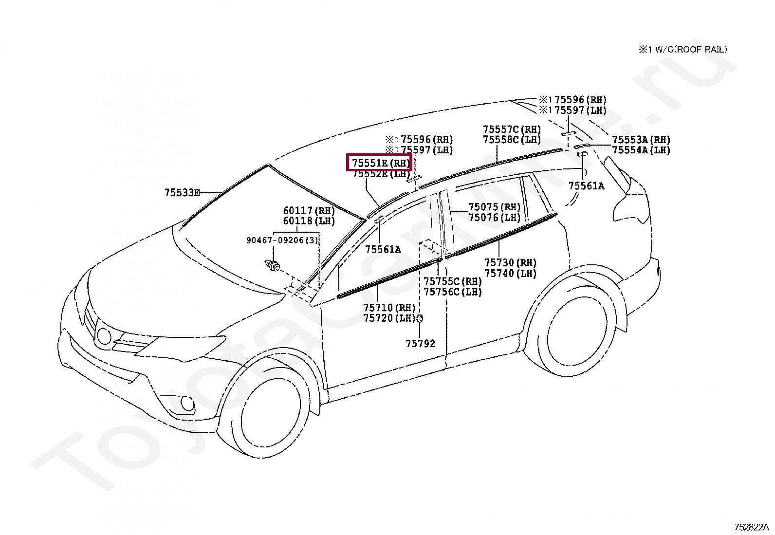 MOULDING, ROOF DRIP SIDE FINISH, RH MOULDING, ROOF DRIP SIDE FINISH, RH 7555142040
