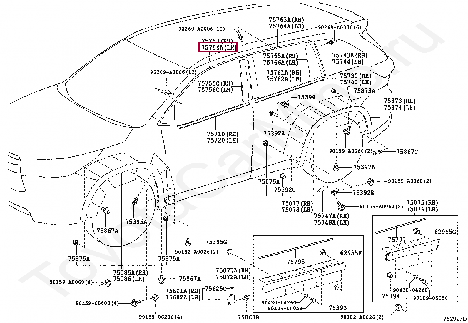 MOULDING, FRONT DOOR WINDOW FRAME, UPPER LH MOULDING, FRONT DOOR WINDOW FRAME, UPPER LH 757540E020