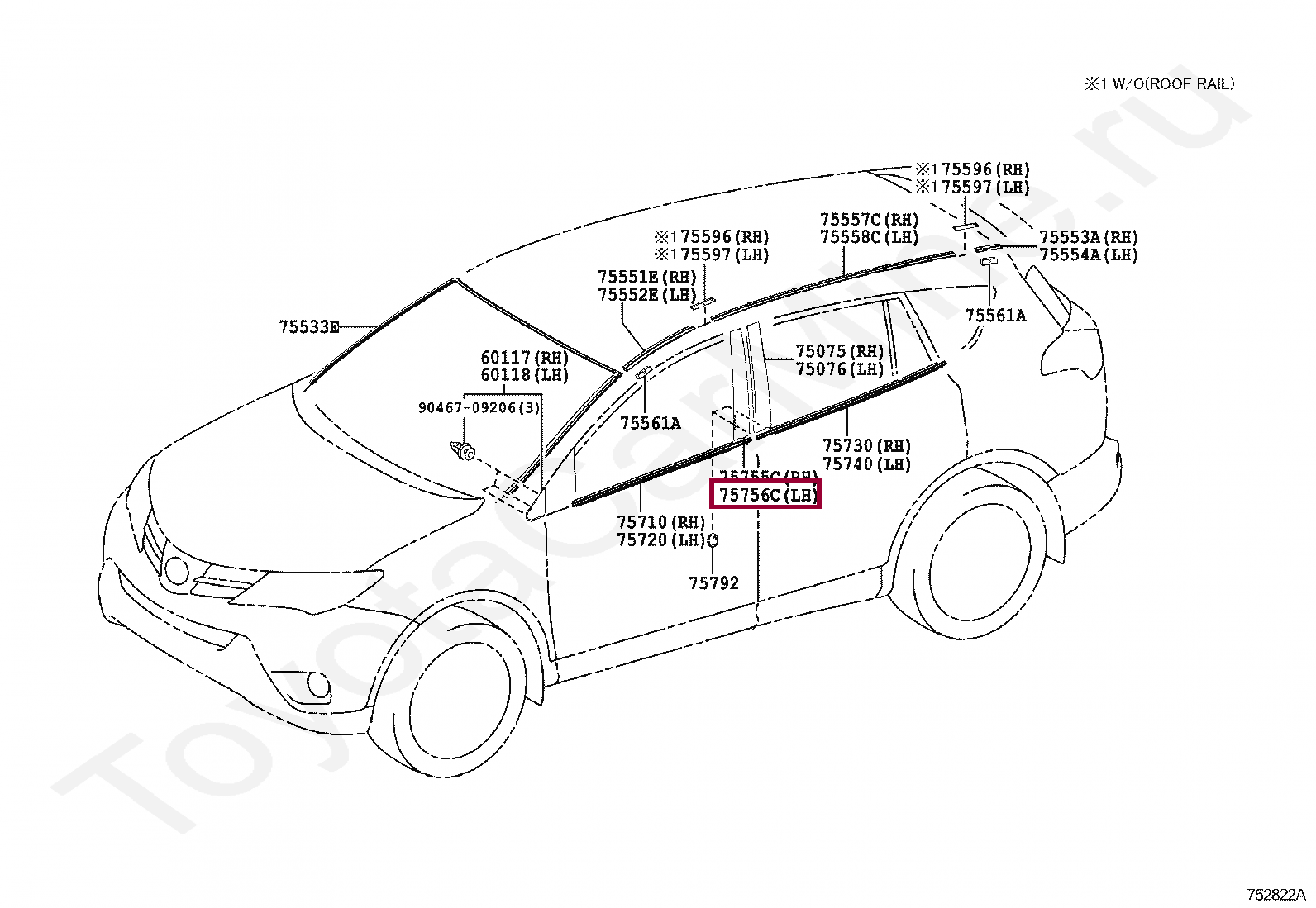 MOULDING, FRONT DOOR WINDOW FRAME, REAR LH MOULDING, FRONT DOOR WINDOW FRAME, REAR LH 7575642010