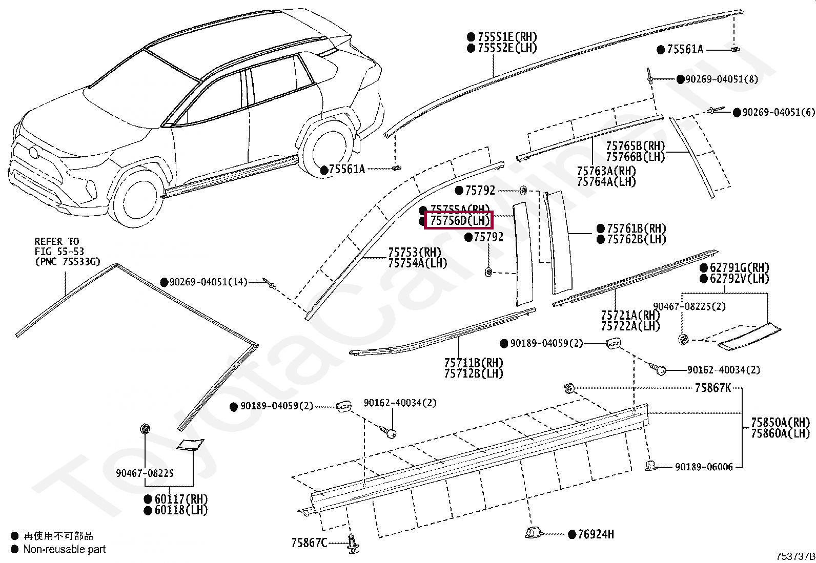 MOULDING, FRONT DOOR WINDOW FRAME, LH(CENTER PILLAR SIDE) MOULDING, FRONT DOOR WINDOW FRAME, LH(CENTER PILLAR SIDE) 7575642020