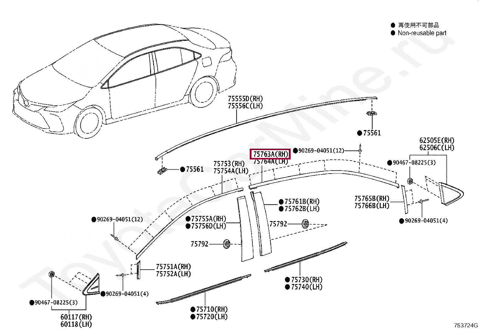 MOULDING, REAR DOOR WINDOW FRAME, UPPER RH MOULDING, REAR DOOR WINDOW FRAME, UPPER RH 7576302060