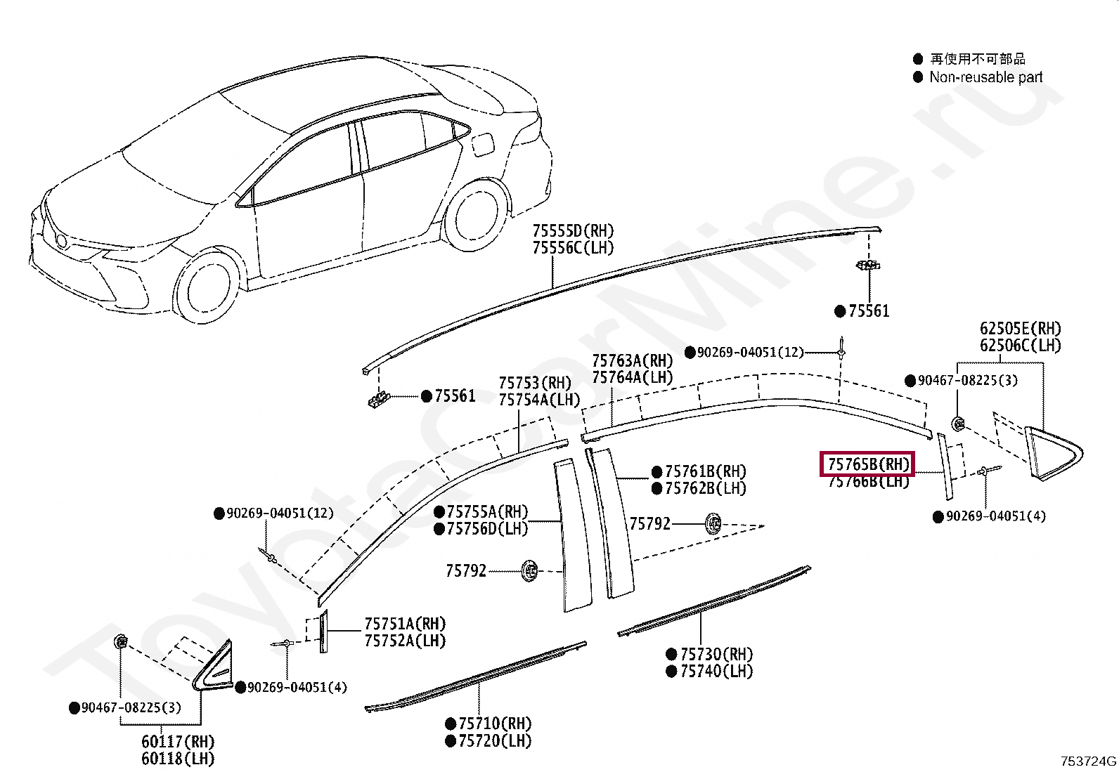 MOULDING, REAR DOOR WINDOW FRAME, RH(REAR PILLAR SIDE) MOULDING, REAR DOOR WINDOW FRAME, RH(REAR PILLAR SIDE) 7576502020