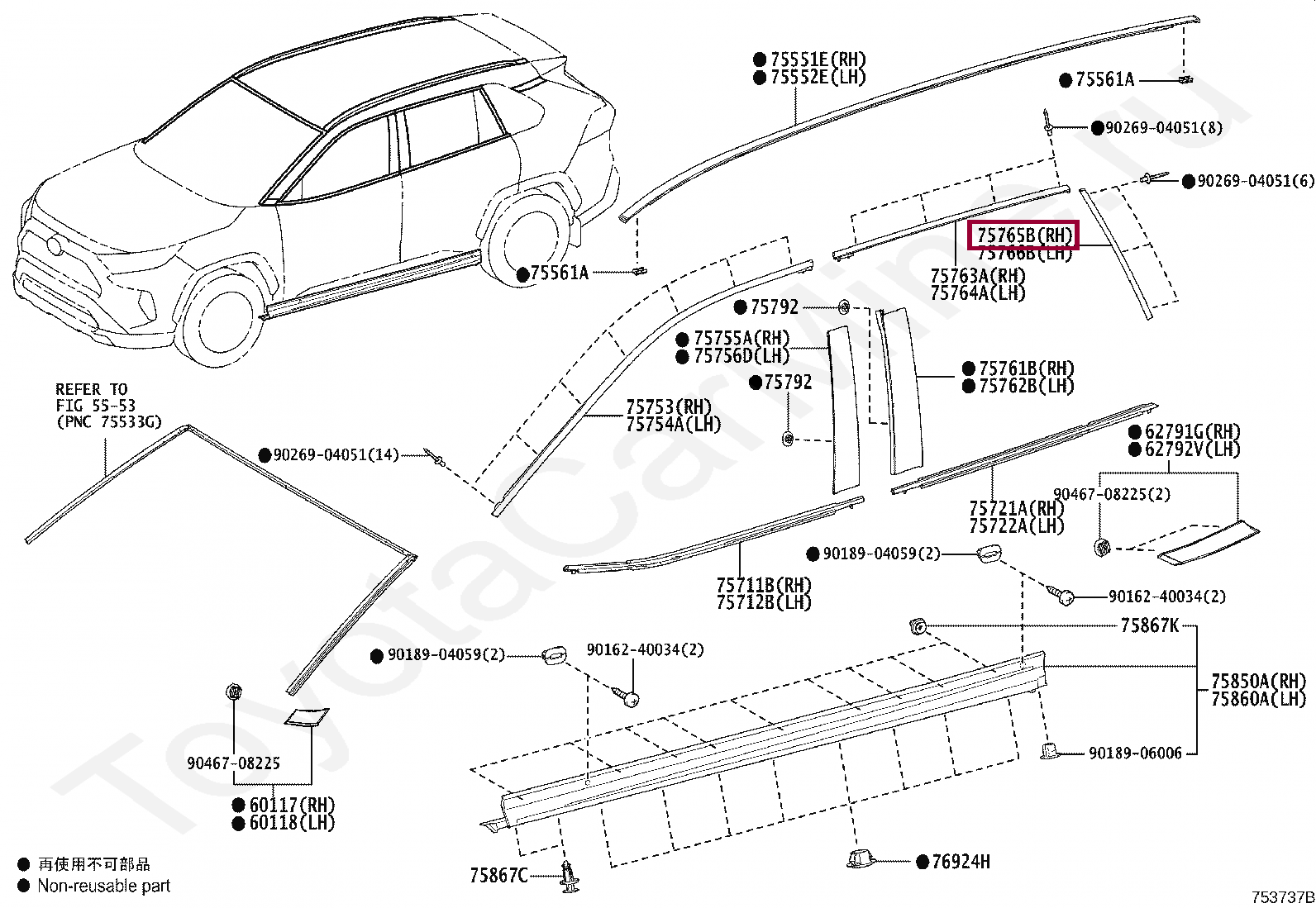 MOULDING, REAR DOOR WINDOW FRAME, RH(REAR PILLAR SIDE) MOULDING, REAR DOOR WINDOW FRAME, RH(REAR PILLAR SIDE) 7576542010
